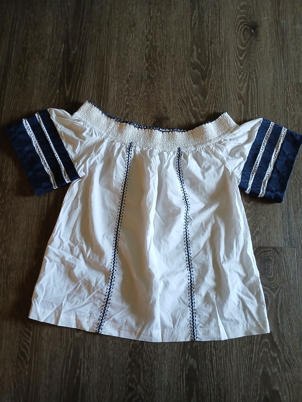 Tory Burch White Off-Shoulder Blouse with Navy Trim